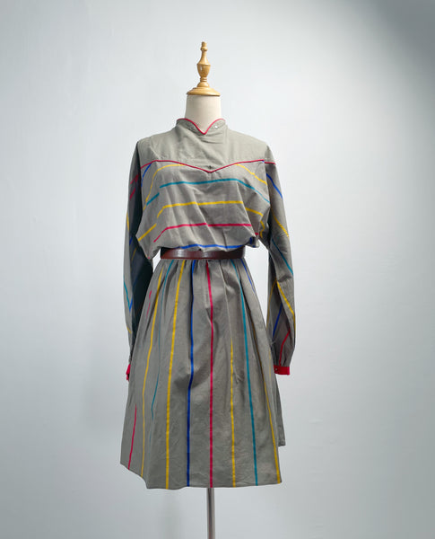 Zian | Vintage 1980s red-trimmed mini swan-collar multi-colored stripes cotton dress