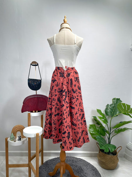 Pink Terracotta 1950s 1960s Abstract Floral High-Waisted A-Line Midi Skirt