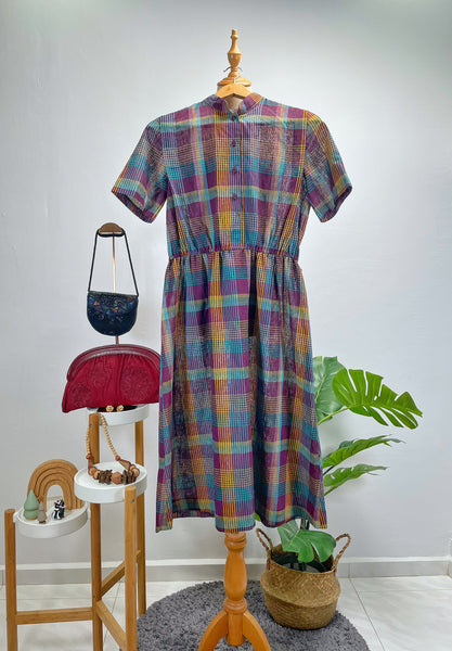 Vintage 1960s 1970s Plaid Midi Dress with Mandarin Collar and Elastic Waist