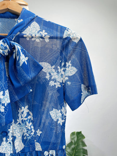 Blue and white floral neck tie dress