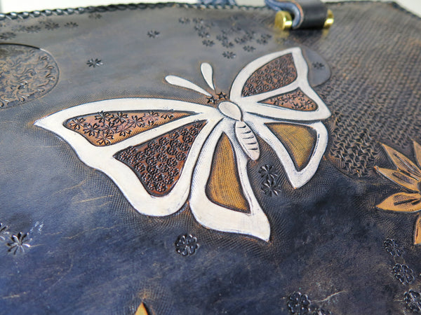 Vintage 60s 70s leather tooled tote bag butterfly flower power hippie boho style