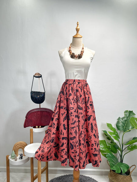 Pink Terracotta 1950s 1960s Abstract Floral High-Waisted A-Line Midi Skirt