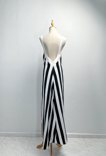 Sloane | Vintage 1990s 2000s vertical black and white monochrome thick strap maxi column dress with V back