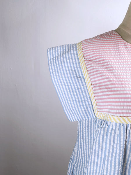 Must Have ! | Lainey | Vintage 1960s 1970s Pastel cheesecloth fabric striped dress shorter with cap sleeves