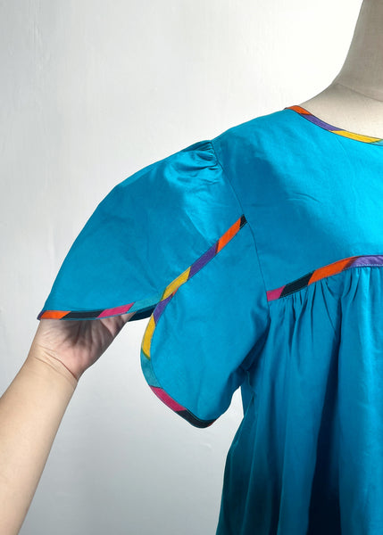 Tully | Vintage 1960s 1970s turquoise blue multicolour trim tulip-sleeves maxi dress with pockets