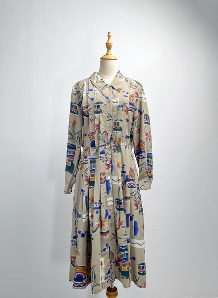 Emily | Vintage 1980s Fletcher Jones Australia novelty abstract print pleated button-down dress