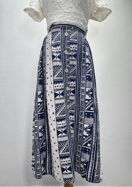 Fenn | Vintage 1980s 1990s geometric monochrome blue and ecru print skirt with pockets