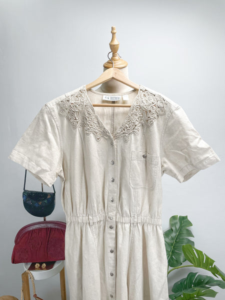 { Rare Find } Vintage 80s Together! Linen Blend Crochet Lace Accent Midi Dress
