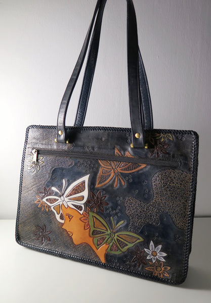 Vintage 60s 70s leather tooled tote bag butterfly flower power hippie boho style