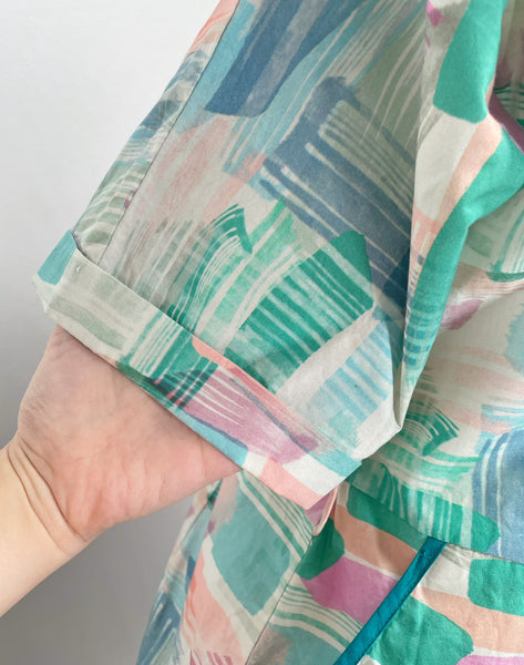 Frances | Vintage 1980s-does-1940s pastel watercolour print large collared fitted silhouette dress with pockets