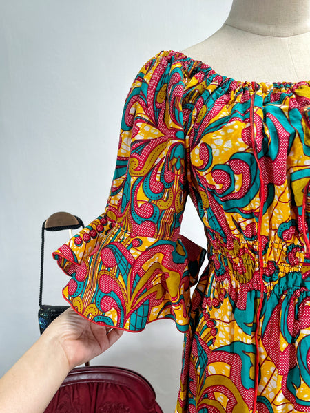 Vintage 70s Psychedelic Print Off-Shoulder Midi Dress | Kaen |