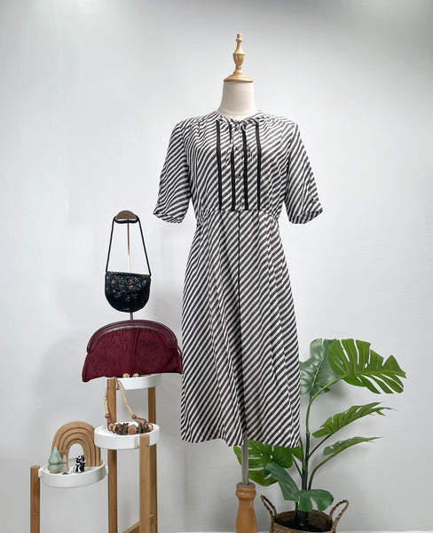 Vintage 60s 70s Striped Black and white Midi Dress | A-Line Lace Trim Day Dress