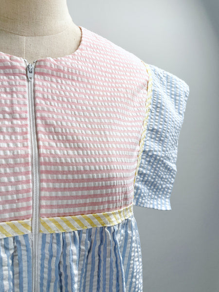 Must Have ! | Lainey | Vintage 1960s 1970s Pastel cheesecloth fabric striped dress shorter with cap sleeves
