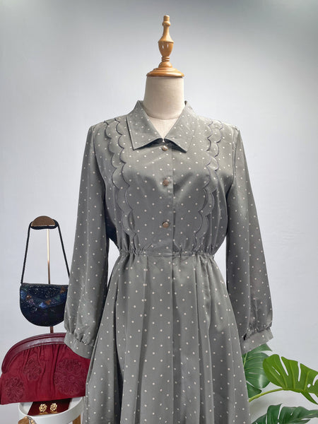 Vintage 60s 70s Light grey Polka Dot Midi Dress with Scalloped Bib Details