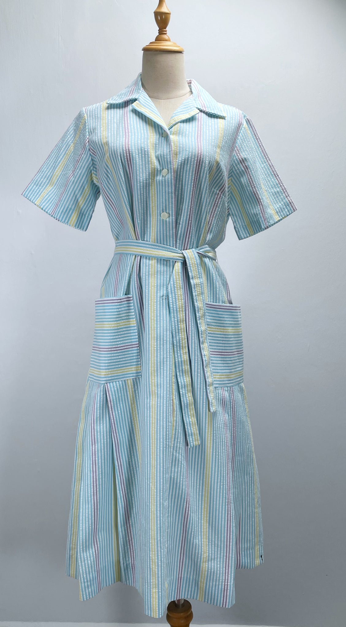 Zelda | Vintage 1950s Blue Purple Yellow Pastel cheesecloth striped dress with pockets and sash