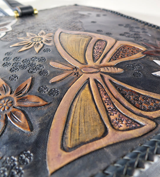 Vintage 60s 70s leather tooled tote bag butterfly flower power hippie boho style