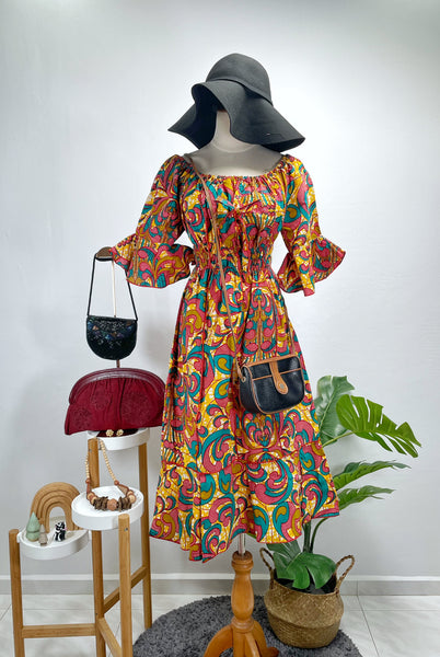 Vintage 70s Psychedelic Print Off-Shoulder Midi Dress | Kaen |
