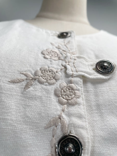 Vintage embroidery European  Linen Rose Blusen Vest with stamped buttons