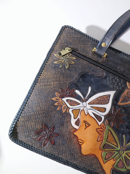 Vintage 60s 70s leather tooled tote bag butterfly flower power hippie boho style