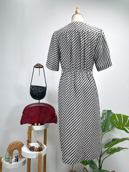 Vintage 60s 70s Striped Black and white Midi Dress | A-Line Lace Trim Day Dress