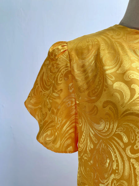 Must-have | Florence | Vintage 1960s 1970s embossed Royal Yellow satin like dress with Tulip sleeves