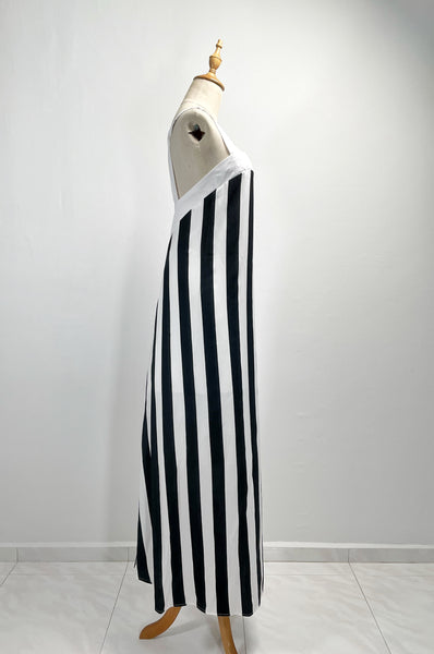 Sloane | Vintage 1990s 2000s vertical black and white monochrome thick strap maxi column dress with V back