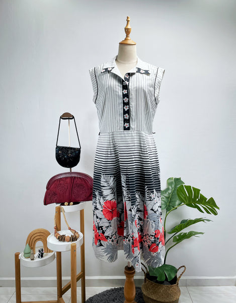 1950s 1960s floral tri-Color pinstripe sleeveless dress | Saffri |