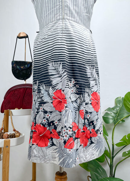 1950s 1960s floral tri-Color pinstripe sleeveless dress | Saffri |