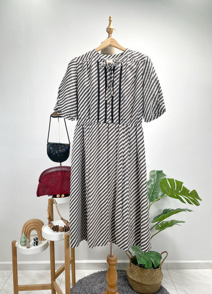 Vintage 60s 70s Striped Black and white Midi Dress | A-Line Lace Trim Day Dress