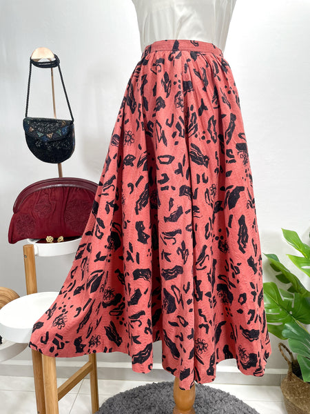 Pink Terracotta 1950s 1960s Abstract Floral High-Waisted A-Line Midi Skirt