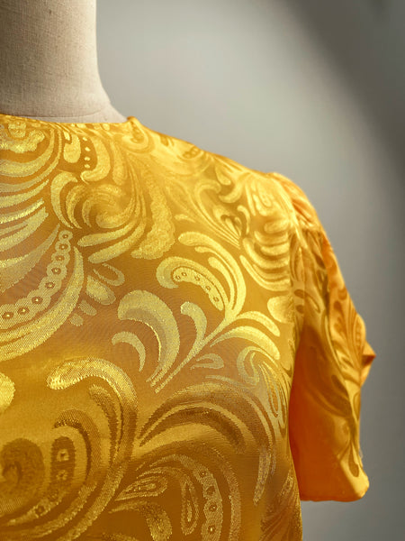 Must-have | Florence | Vintage 1960s 1970s embossed Royal Yellow satin like dress with Tulip sleeves