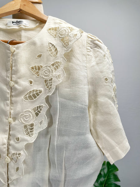 Vintage 60s Yellow rose embroidered cutout puff sleeve blouse