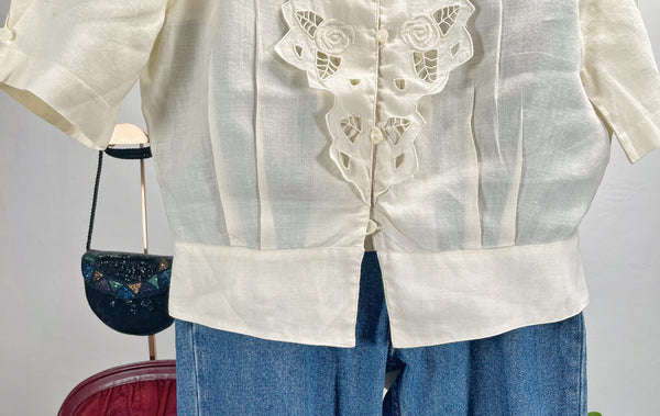 Vintage 60s Yellow rose embroidered cutout puff sleeve blouse