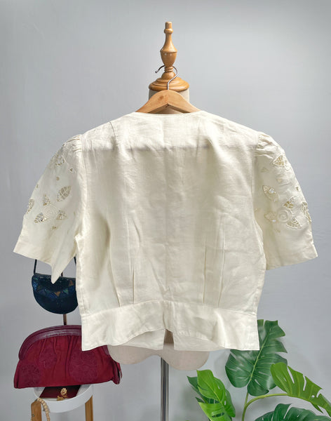 Vintage 60s Yellow rose embroidered cutout puff sleeve blouse