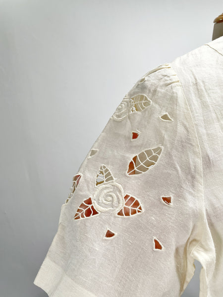 Vintage 60s Yellow rose embroidered cutout puff sleeve blouse