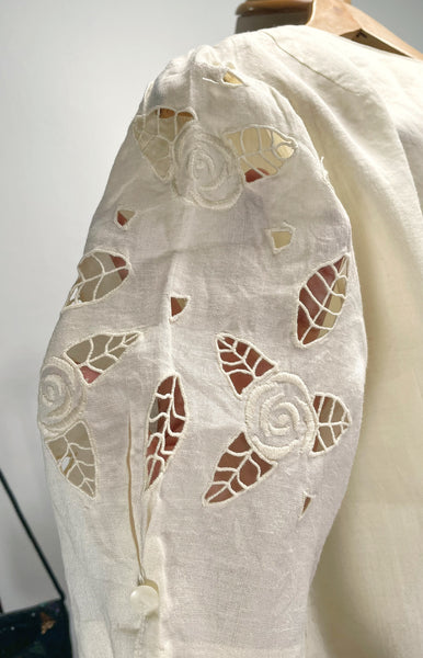 Vintage 60s Yellow rose embroidered cutout puff sleeve blouse