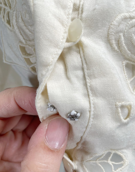 Vintage 60s Yellow rose embroidered cutout puff sleeve blouse