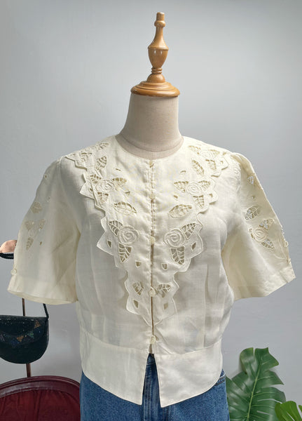 Vintage 60s Yellow rose embroidered cutout puff sleeve blouse