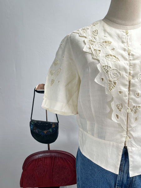 Vintage 60s Yellow rose embroidered cutout puff sleeve blouse