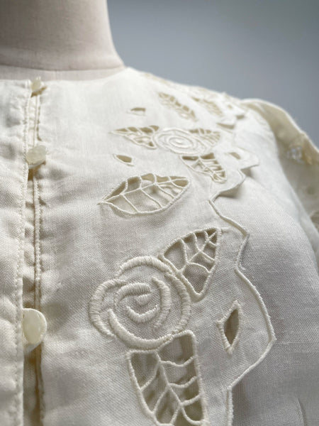 Vintage 60s Yellow rose embroidered cutout puff sleeve blouse