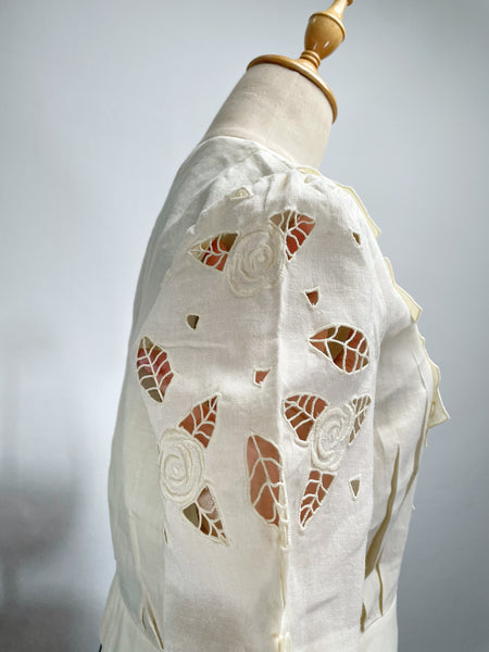 Vintage 60s Yellow rose embroidered cutout puff sleeve blouse