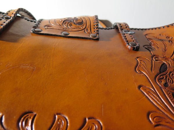 Vintage 60s 70s honey-tan leather tooled tote with Ornate carvings and turnlock closure bohemian hippie style