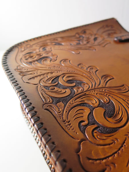Vintage 60s 70s honey-tan leather tooled tote with Ornate carvings and turnlock closure bohemian hippie style