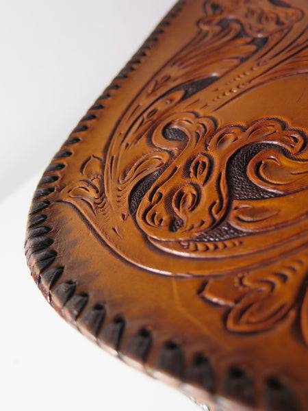 Vintage 60s 70s honey-tan leather tooled tote with Ornate carvings and turnlock closure bohemian hippie style