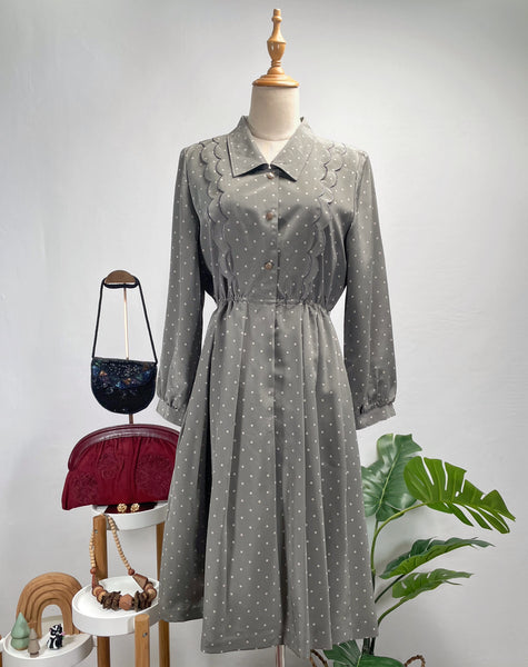 Vintage 60s 70s Light grey Polka Dot Midi Dress with Scalloped Bib Details