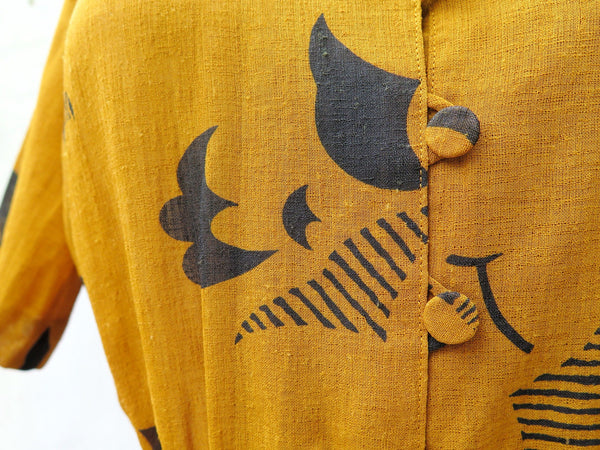 Fly away | Vintage 1960s abstract geometric shape print mustard yellow swan neckline dress