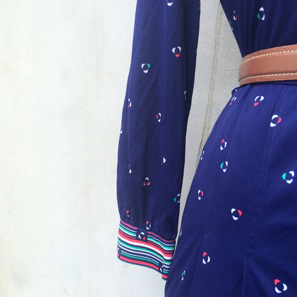 Mix Match | Vintage 1970s Nautical feel Sporty & Elegant Long Sleeve Navy Blue Button down Shirt Dress