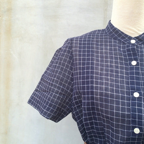 The Ride Home | Easy Japanese 1940s Mandarin Collar Navy and White Checkered Shirtwaist Dress with POCKETS