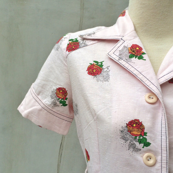 Roses are Red | Vintage 1950s 1960s Rose print Pink Day dress with Pockets