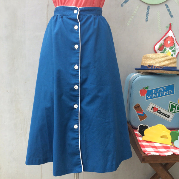 Blue Pied Piper | Vintage 1960s 1970s Hipster Blue button-down skirt with white piping and Pockets